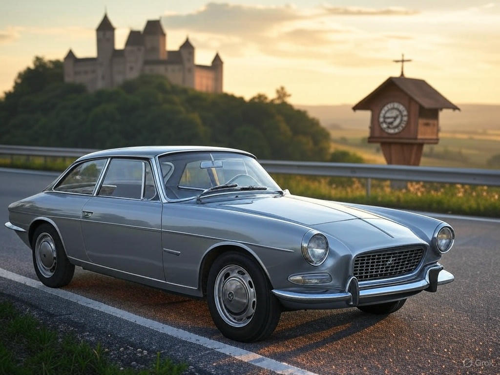 Car on Autobahn with castle and cuckoo clock