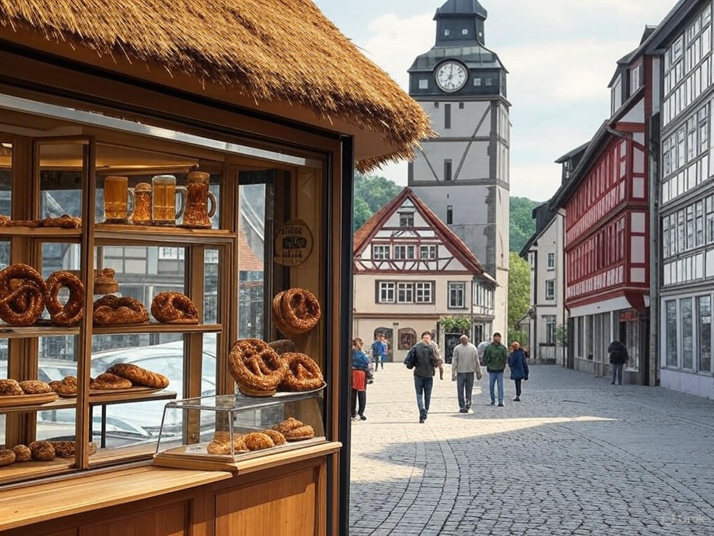 Tidy street with bakery and clock