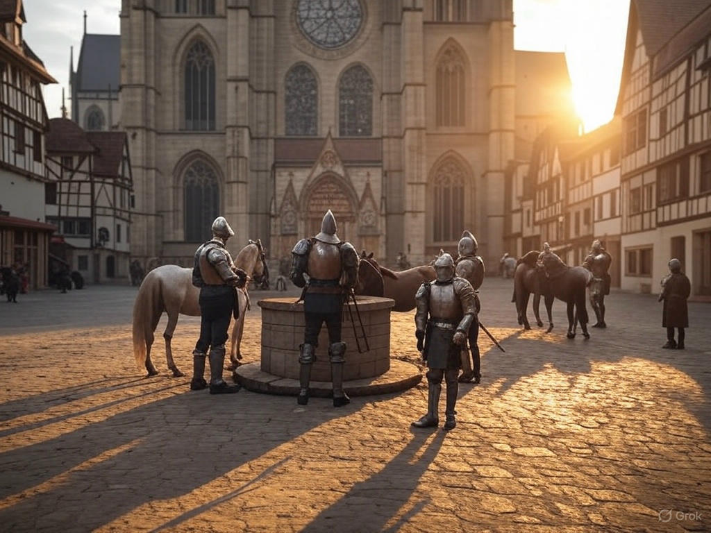Medieval town with cathedral and knights