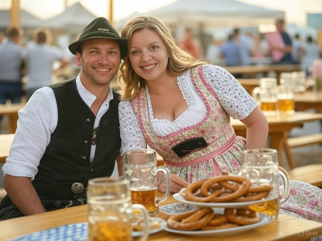 Oktoberfest with beer mugs and pretzels