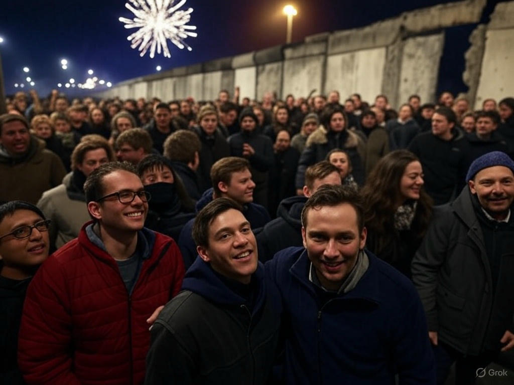 Crowd tearing down Berlin Wall with fireworks